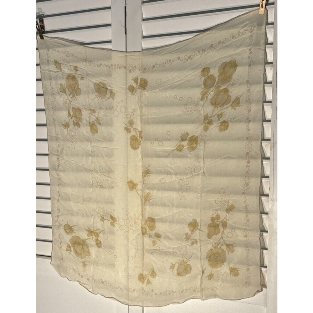 Vintage Cream Gold Floral Rose Print Sheer Silk Square Scarf 30x31 Cottagecore